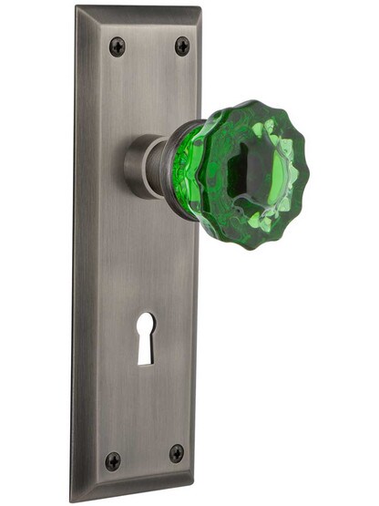 New York Door Set with Keyhole and Colored Fluted Crystal Glass Knobs Emerald in Antique Pewter.